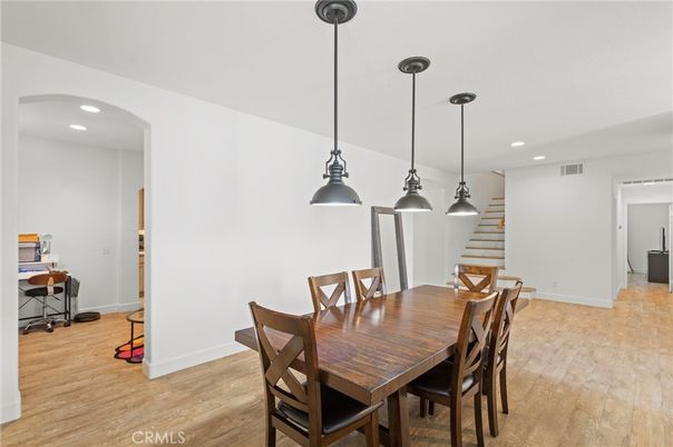 Dining room, Interior, Pendant Lights, Recessed Lighting, Wood Texture Flooring