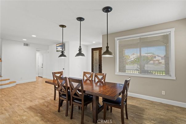 Dining room, Interior, Pendant Lights, Recessed Lighting, Wood Texture Flooring