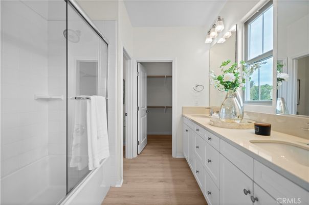 Bathroom, Dual Sink Vanities, Glass Shower, Interior, Wood Texture Flooring