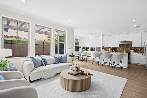 Dining room, Interior, Kitchen, Living room, Recessed Lighting, Stainless Steel Appliances, Wood Texture Flooring