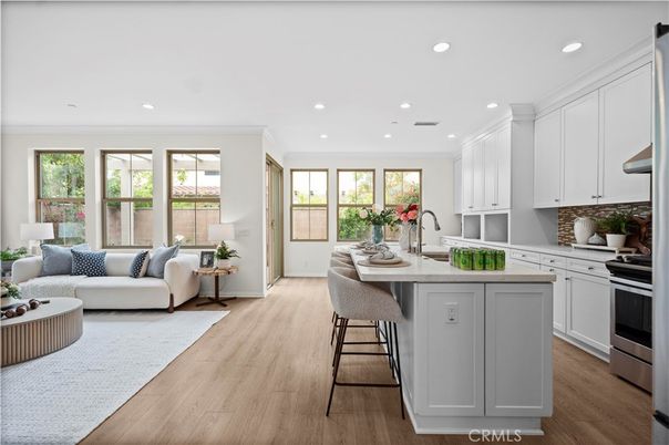 Interior, Kitchen, Living room, Recessed Lighting, Stainless Steel Appliances, Wood Texture Flooring