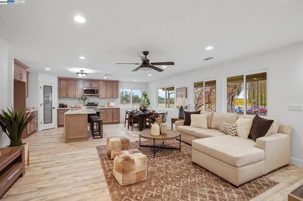 Dining room, Interior, Kitchen, Living room, Recessed Lighting, Stainless Steel Appliances, Wood Texture Flooring