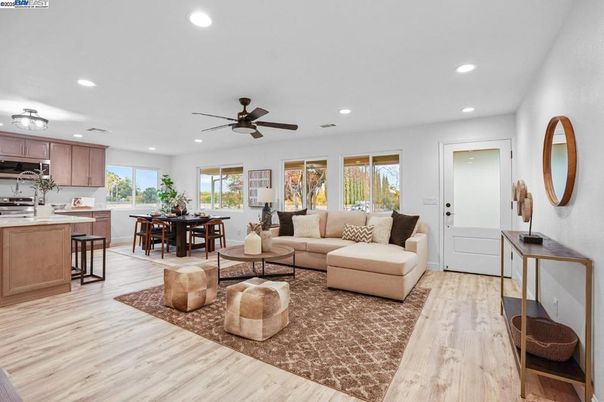 Dining room, Interior, Kitchen, Living room, Recessed Lighting, Wood Texture Flooring