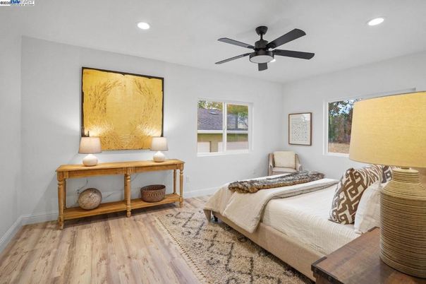 Bedroom, Interior, Recessed Lighting, Wood Texture Flooring