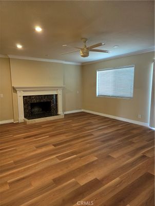Empty room, Fireplace, Interior, Recessed Lighting, Wood Texture Flooring