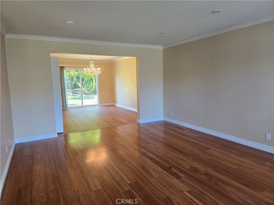 Chandelier, Empty room, Interior, Recessed Lighting, Wood Texture Flooring