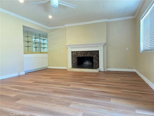 Empty room, Fireplace, Interior, Recessed Lighting, Wood Texture Flooring