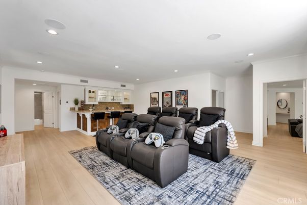 Home Theatre Room, Interior, Kitchen, Living room, Recessed Lighting, Wood Texture Flooring