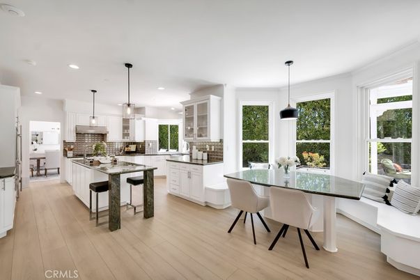 Dining room, Interior, Kitchen, Pendant Lights, Recessed Lighting, Stainless Steel Appliances, Wood Texture Flooring