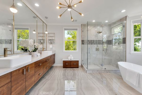 Bathroom, Dual Sink Vanities, Free Standing Baths, Glass Shower, Interior, Marble, Marble Walls, Pendant Lights, Recessed Lighting