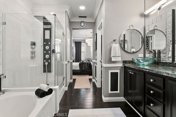 Bathroom, Bedroom, Glass Shower, Interior, Recessed Lighting, Wood Texture Flooring