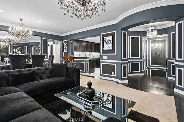 Chandelier, Dining room, Interior, Kitchen, Living room, Pendant Lights, Recessed Lighting, Wood Texture Flooring