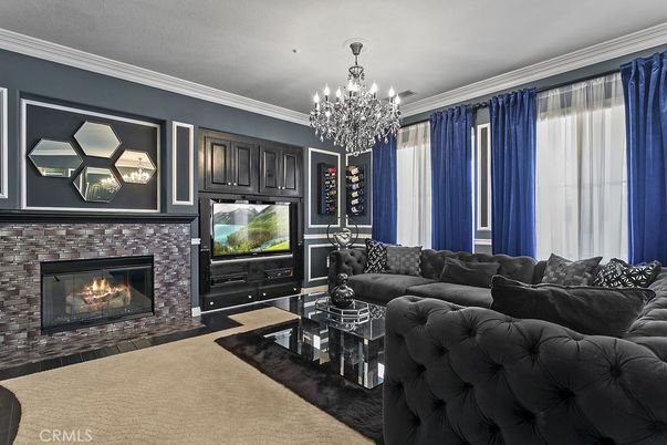 Chandelier, Fireplace, Interior, Living room