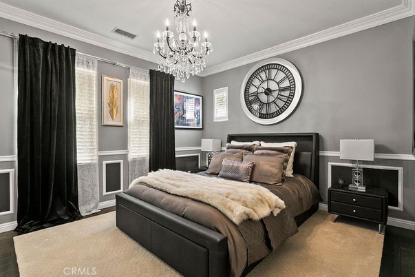 Bedroom, Chandelier, Fireplace, Interior, Wood Texture Flooring
