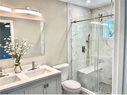 Bathroom, Glass Shower, Interior, Marble Walls, Recessed Lighting