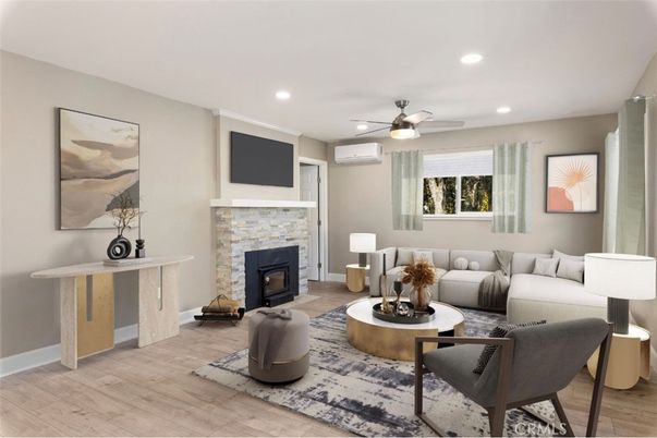 Fireplace, Interior, Living room, Recessed Lighting, Wood Texture Flooring