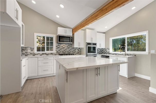 Interior, Kitchen, Recessed Lighting, Stainless Steel Appliances, Wooden Beams, Wood Texture Flooring