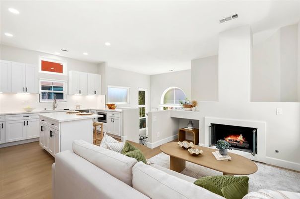 Fireplace, Interior, Kitchen, Living room, Recessed Lighting, Wood Texture Flooring