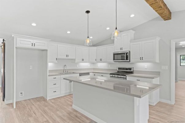 Interior, Kitchen, Pendant Lights, Recessed Lighting, Stainless Steel Appliances, Wood Texture Flooring