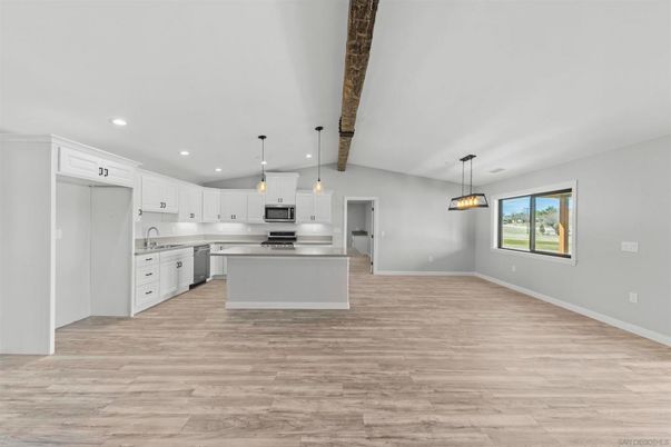 Interior, Kitchen, Pendant Lights, Recessed Lighting, Stainless Steel Appliances, Wood Texture Flooring