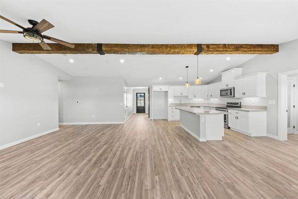 Interior, Kitchen, Pendant Lights, Recessed Lighting, Stainless Steel Appliances, Wooden Beams, Wood Texture Flooring