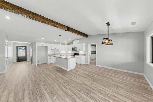 Interior, Kitchen, Pendant Lights, Recessed Lighting, Stainless Steel Appliances, Wooden Beams, Wood Texture Flooring