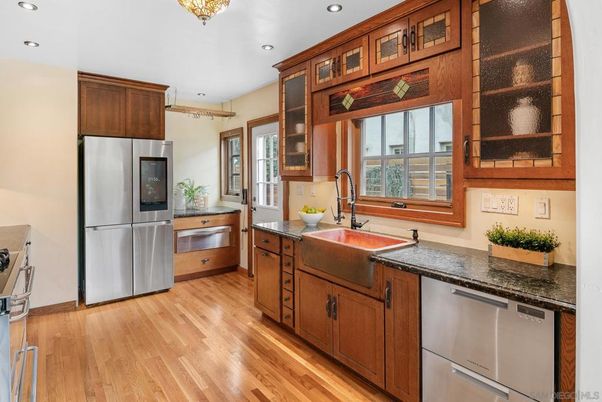 Interior, Kitchen, Recessed Lighting, Stainless Steel Appliances, Wood Texture Flooring