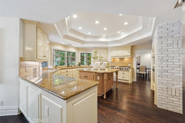 Interior, Kitchen, Recessed Lighting, Stainless Steel Appliances, Stone Walls, Wood Texture Flooring