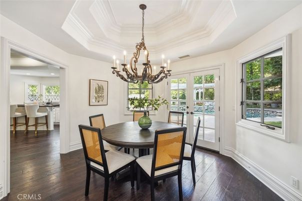 Chandelier, Dining room, Interior, Wood Texture Flooring