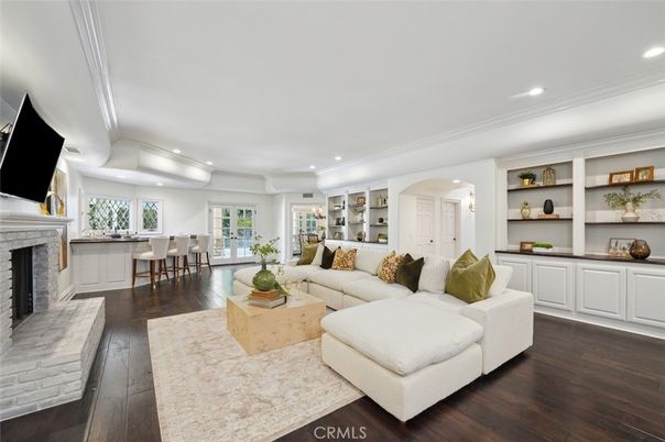 Dining room, Fireplace, Interior, Living room, Recessed Lighting, Wood Texture Flooring