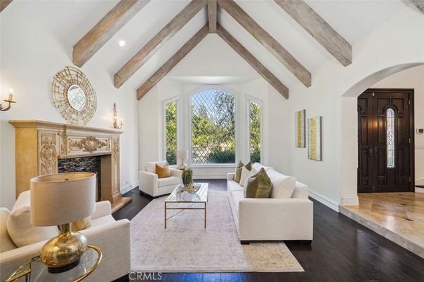Fireplace, Interior, Living room, Recessed Lighting, Wooden Beams, Wood Texture Flooring