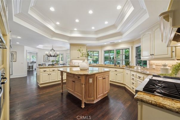 Chandelier, Interior, Kitchen, Recessed Lighting, Stainless Steel Appliances, Wood Texture Flooring