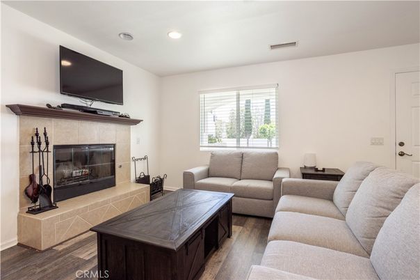 Fireplace, Interior, Living room, Recessed Lighting, Wood Texture Flooring