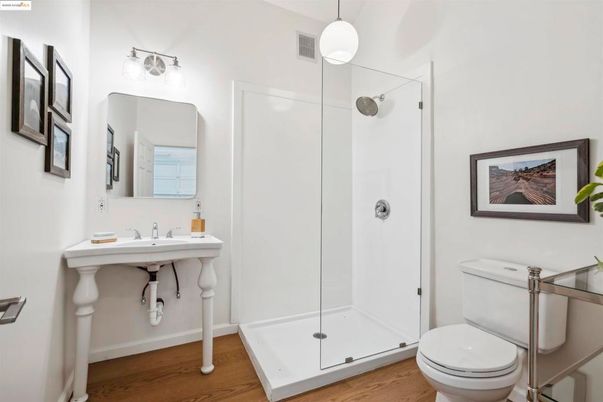 Bathroom, Glass Shower, Interior, Wood Texture Flooring
