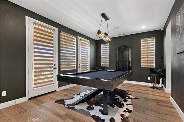 Billiard Table, Game Room, Interior, Pendant Lights, Recessed Lighting, Wood Texture Flooring
