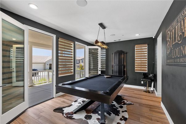Billiard Table, Game Room, Interior, Pendant Lights, Recessed Lighting, Wood Texture Flooring