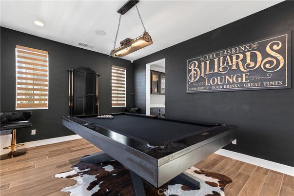 Billiard Table, Game Room, Interior, Pendant Lights, Recessed Lighting, Wood Texture Flooring