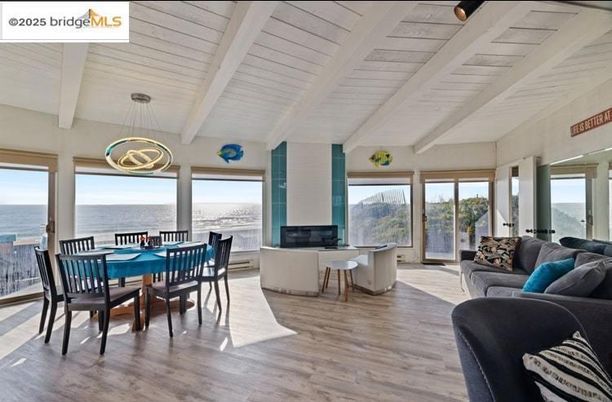 Dining room, Interior, Living room, Pendant Lights, Water, Wood Texture Flooring