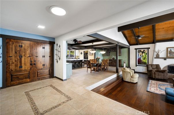 Dining room, Fireplace, Interior, Living room, Pendant Lights, Recessed Lighting, Wooden Beams, Wooden Ceilings, Wood Texture Flooring