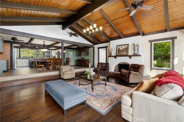 Chandelier, Dining room, Fireplace, Interior, Living room, Wooden Beams, Wooden Ceilings, Wood Texture Flooring