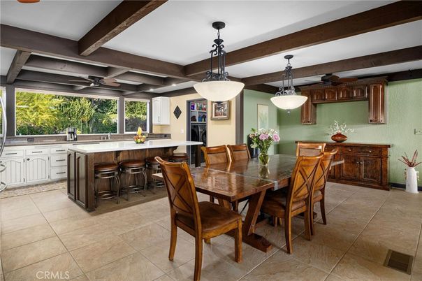 Dining room, Interior, Kitchen, Pendant Lights, Wooden Beams