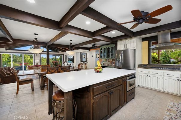 Dining room, Interior, Kitchen, Pendant Lights, Recessed Lighting, Stainless Steel Appliances, Wooden Beams