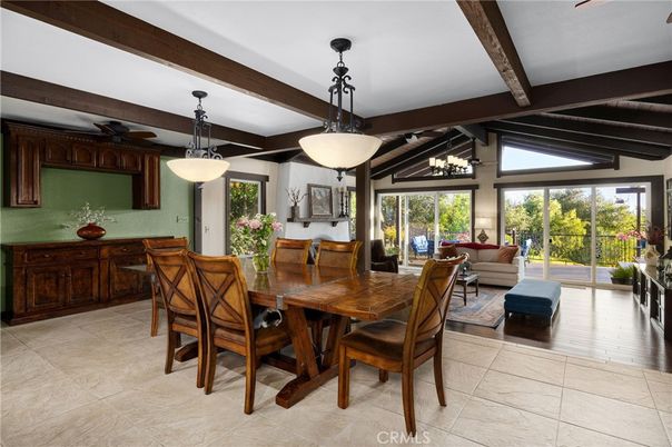 Dining room, Interior, Living room, Pendant Lights, Wooden Beams