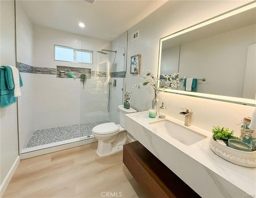 Bathroom, Dual Sink Vanities, Glass Shower, Interior, Recessed Lighting, Wood Texture Flooring