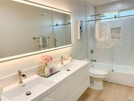 Bathroom, Dual Sink Vanities, Glass Shower, Interior, Wood Texture Flooring