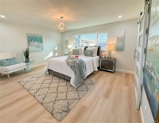 Bedroom, Chandelier, Interior, Recessed Lighting, Wood Texture Flooring