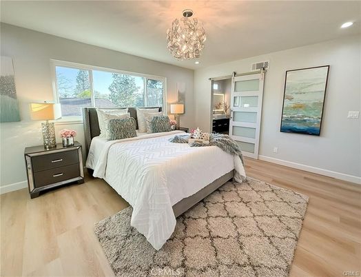 Bedroom, Chandelier, Interior, Recessed Lighting, Wood Texture Flooring