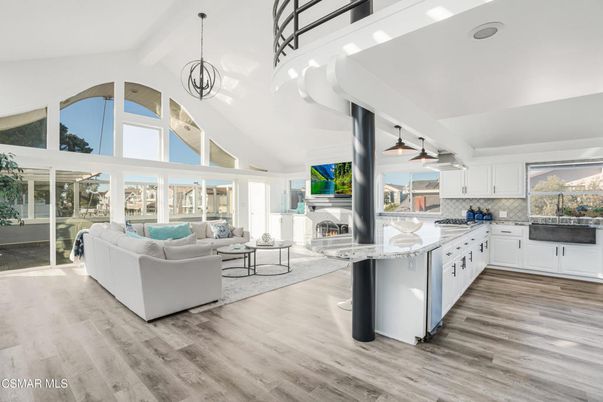 Fireplace, Interior, Kitchen, Living room, Pendant Lights, Wood Texture Flooring