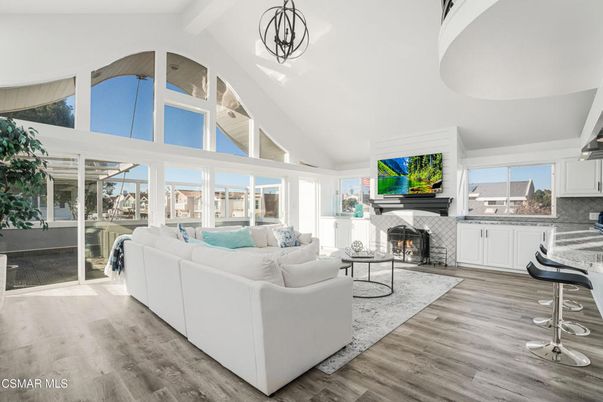 Fireplace, Interior, Living room, Pendant Lights, Wood Texture Flooring