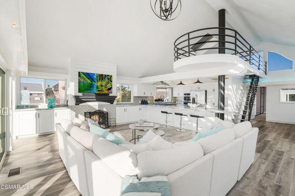Fireplace, Interior, Kitchen, Living room, Pendant Lights, Wood Texture Flooring